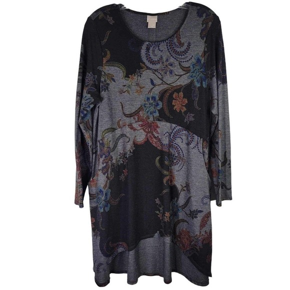 Chicos Tunic Shirt Womens 1 US M Gray Floral LS Longline Pockets Art To Wear - Picture 2 of 13